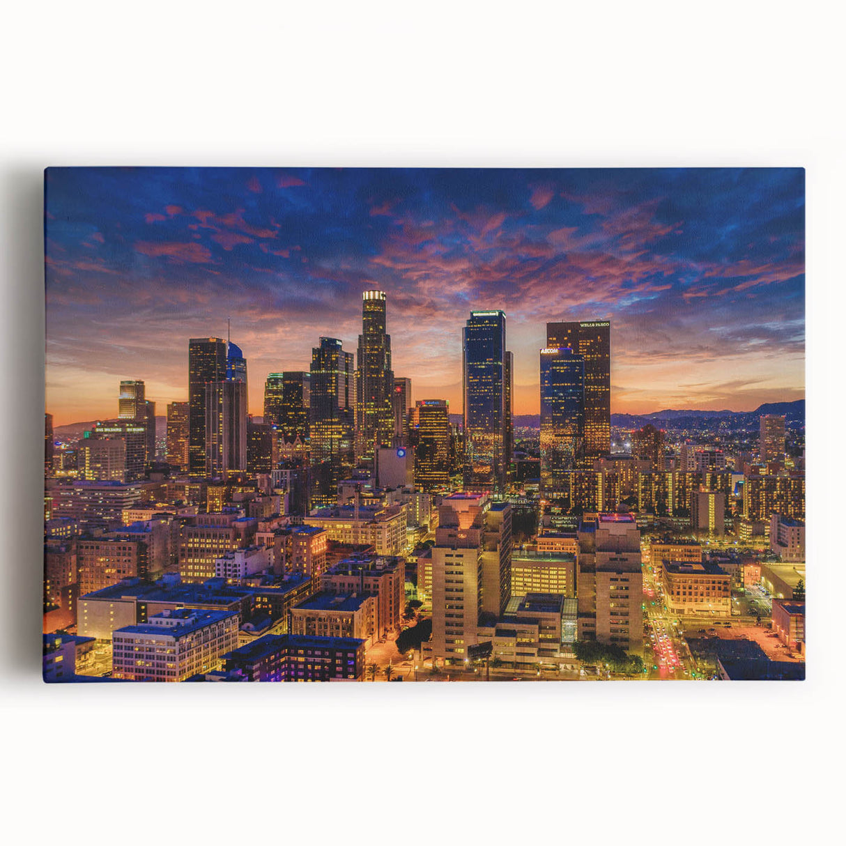 Black and white photograph of Los Angeles skyline on large stretched canvas, suitable for kitchen wall art.