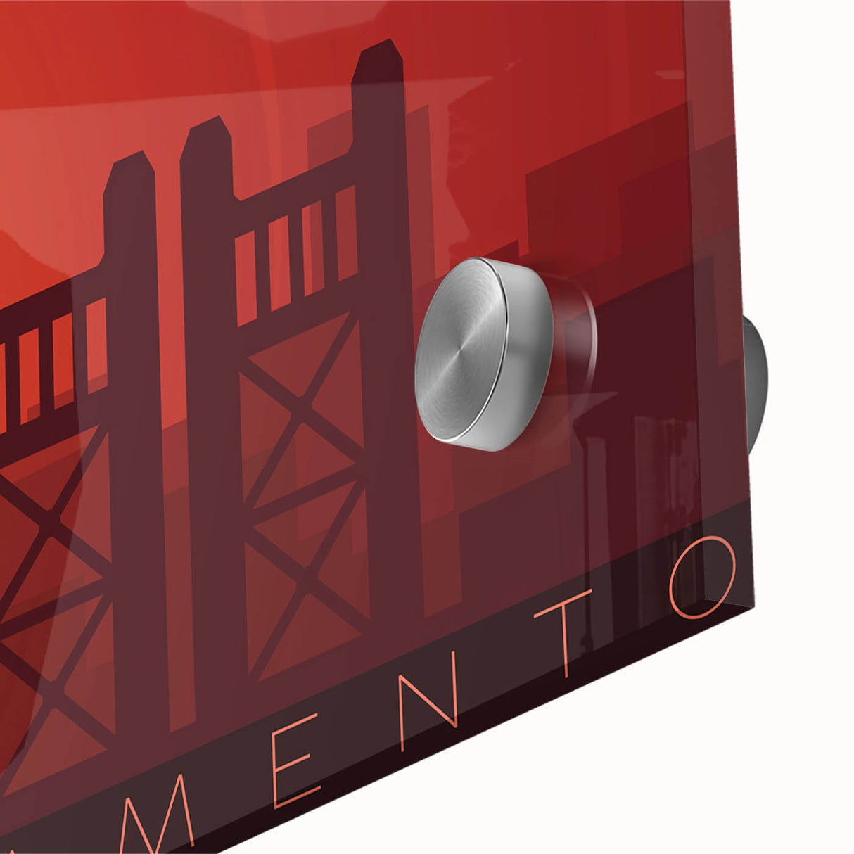 Large abstract wall art of Sacramento scenery in mid-century modernist style on acrylic glass.