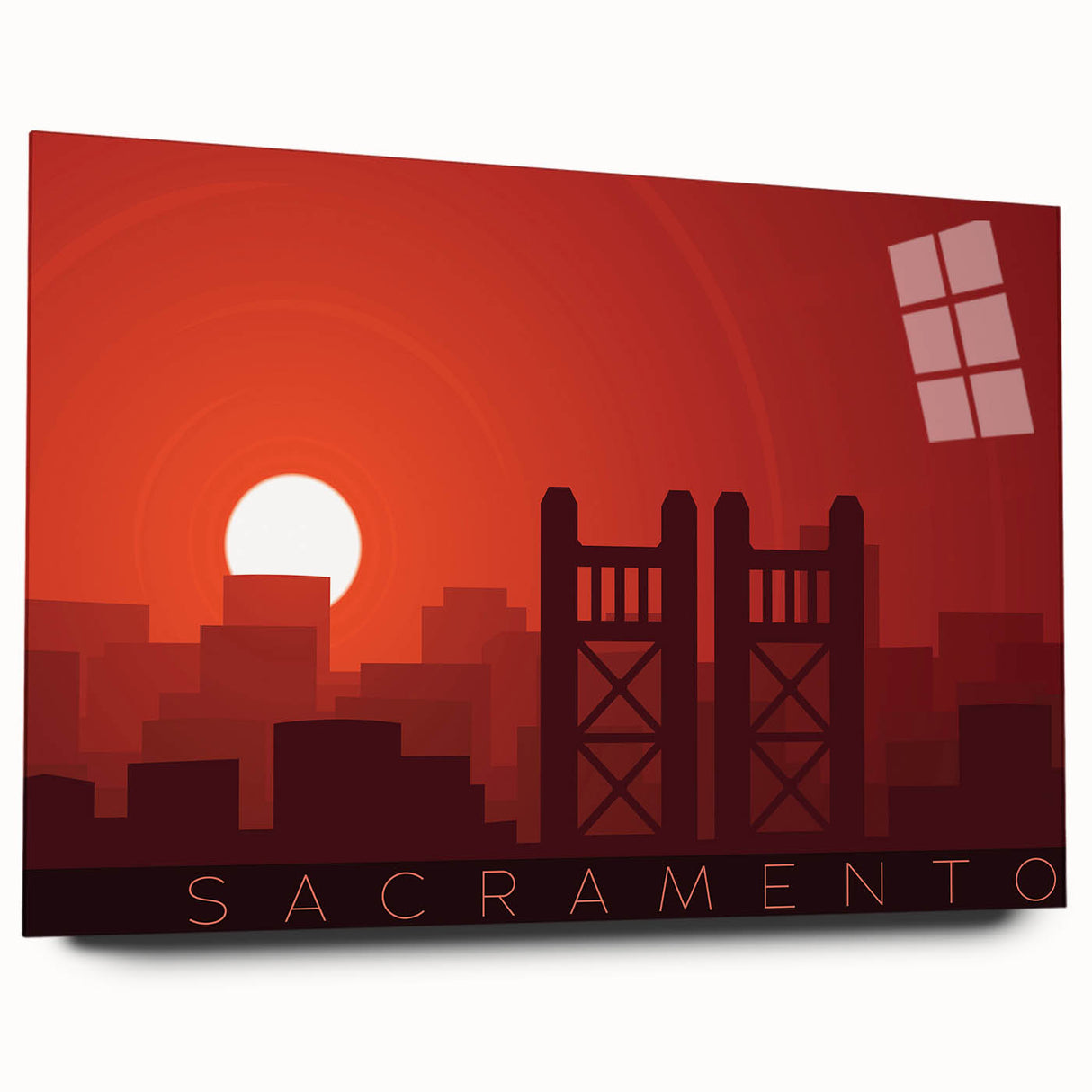 Large abstract wall art of Sacramento skyline in muted earth tones on acrylic glass, ideal for bedroom or dining room decor.