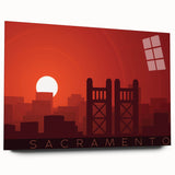 Large abstract wall art of Sacramento skyline in muted earth tones on acrylic glass, ideal for bedroom or dining room decor.