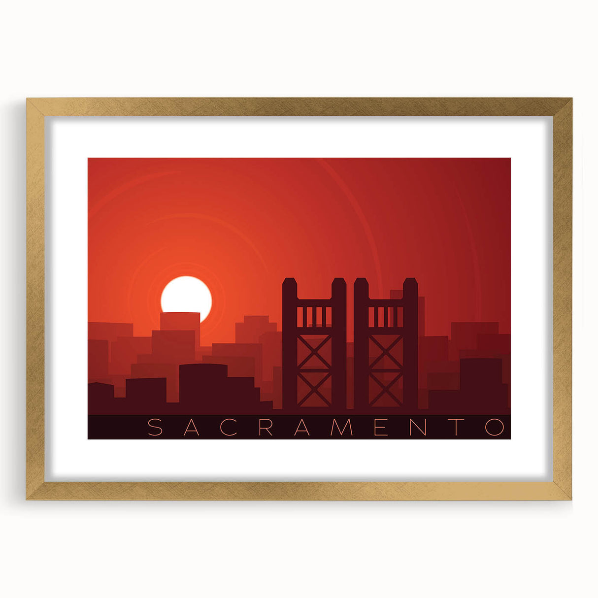Extra large abstract art print of Sacramento scenery in textured style, with a gold frame, suited for living room decor.