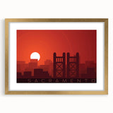 Extra large abstract art print of Sacramento scenery in textured style, with a gold frame, suited for living room decor.