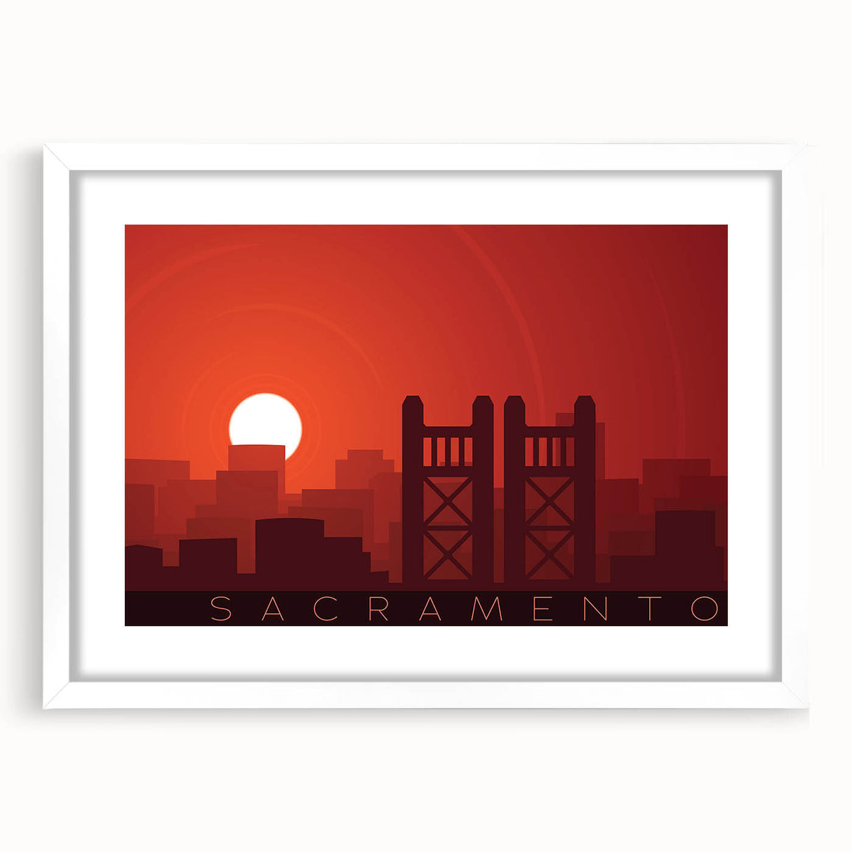 Abstract art print of Sacramento scenery in muted earth tones on a white framed poster, suitable for dining room decor.