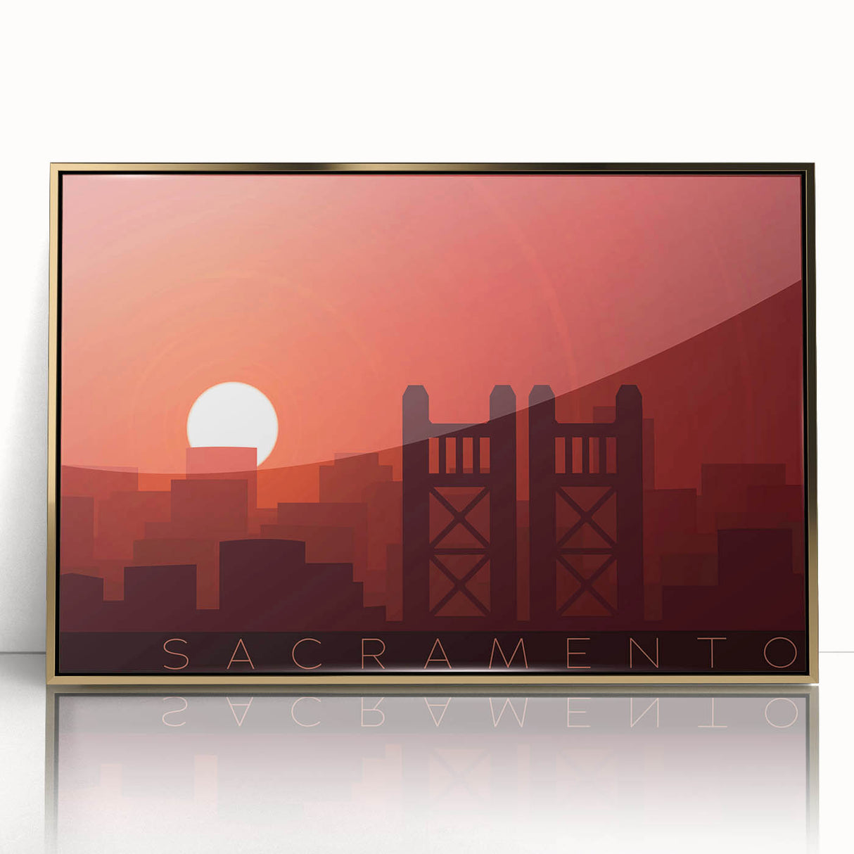 Framed acrylic print of Sacramento scenery in gold tones, ideal for modern art wall decor.