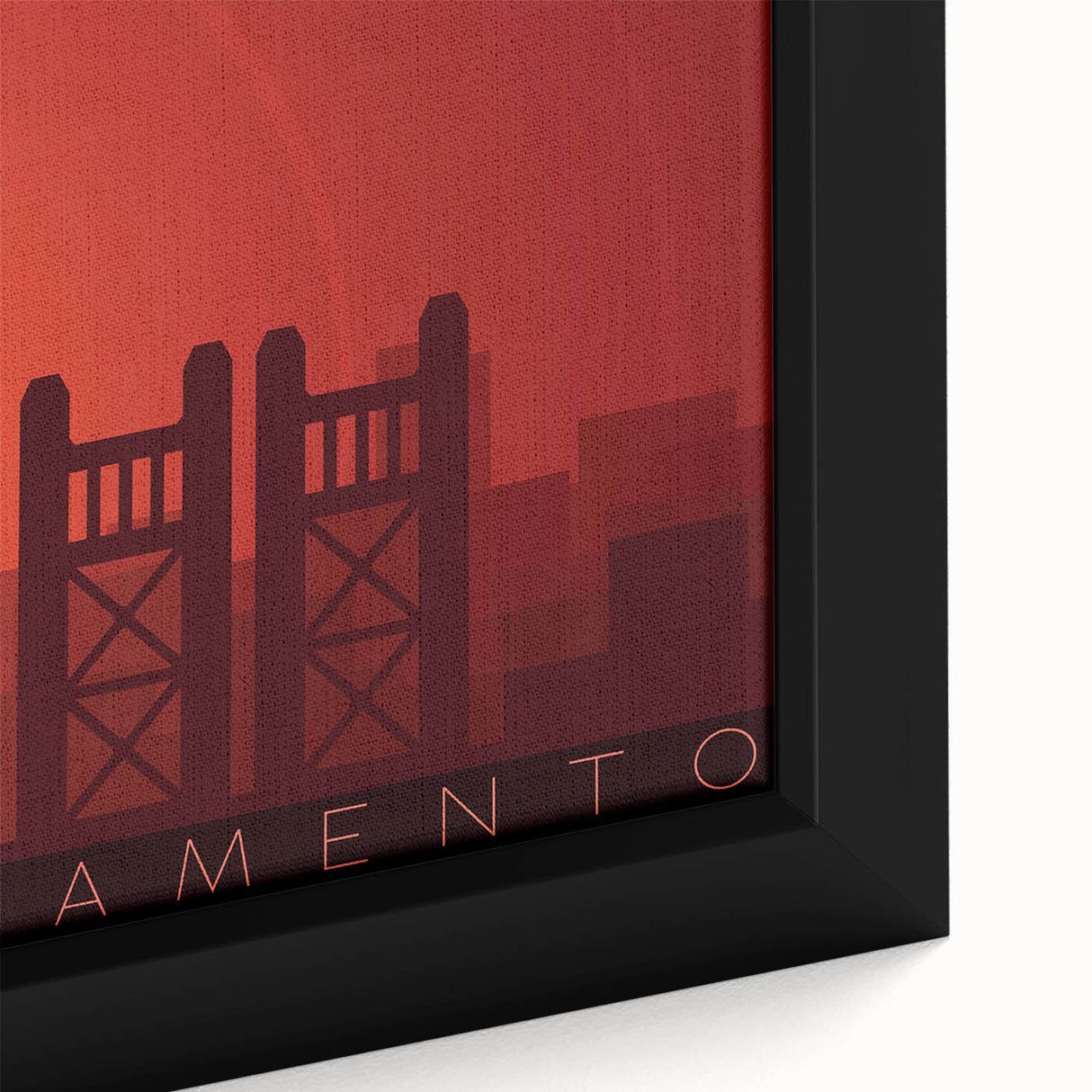 Close-up of textured black wall art featuring a colorful Sacramento skyline on a framed canvas, ideal for living room decor.