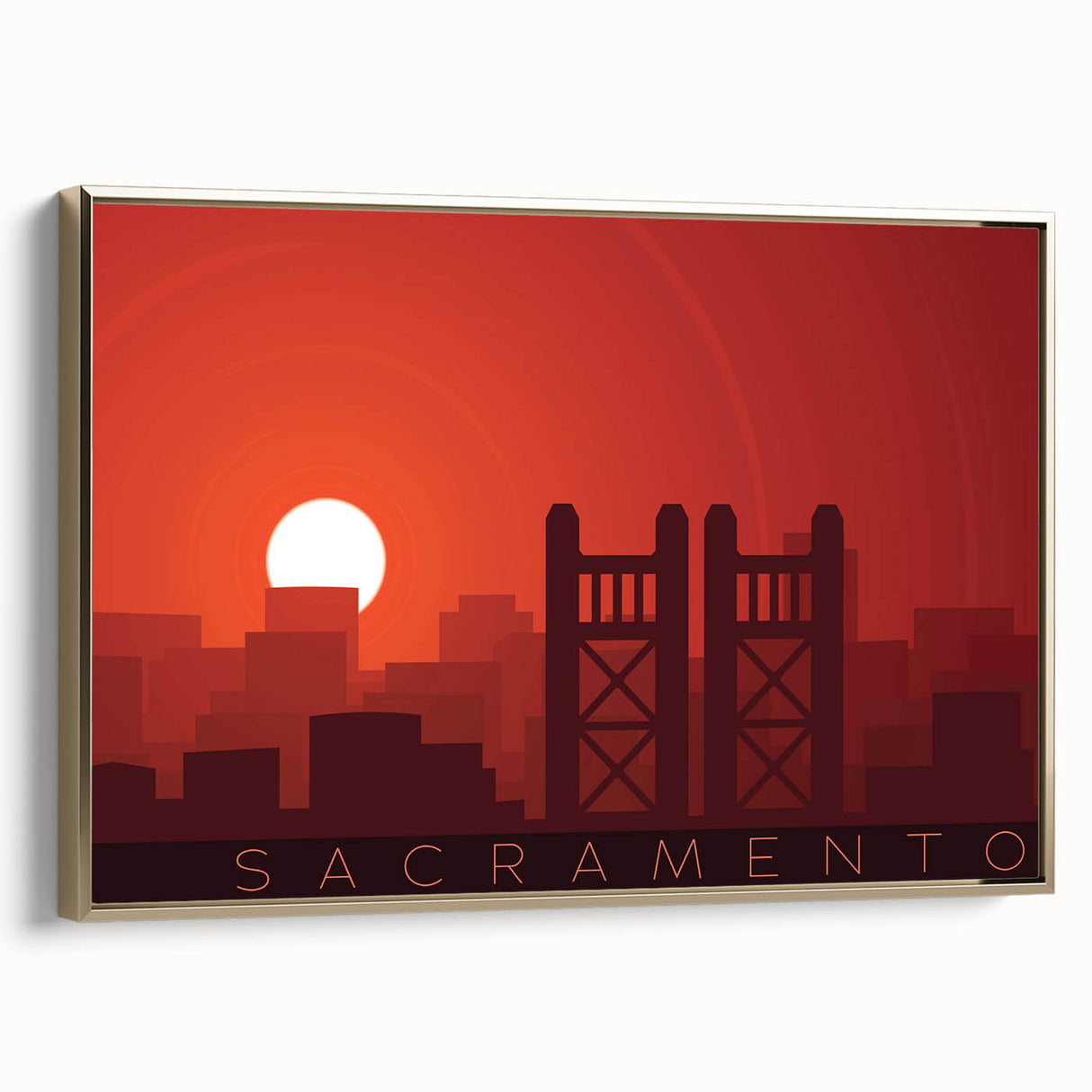 Framed canvas wall art depicting a vintage-style Sacramento landscape in muted gold and black tones, ideal for bedroom decor.