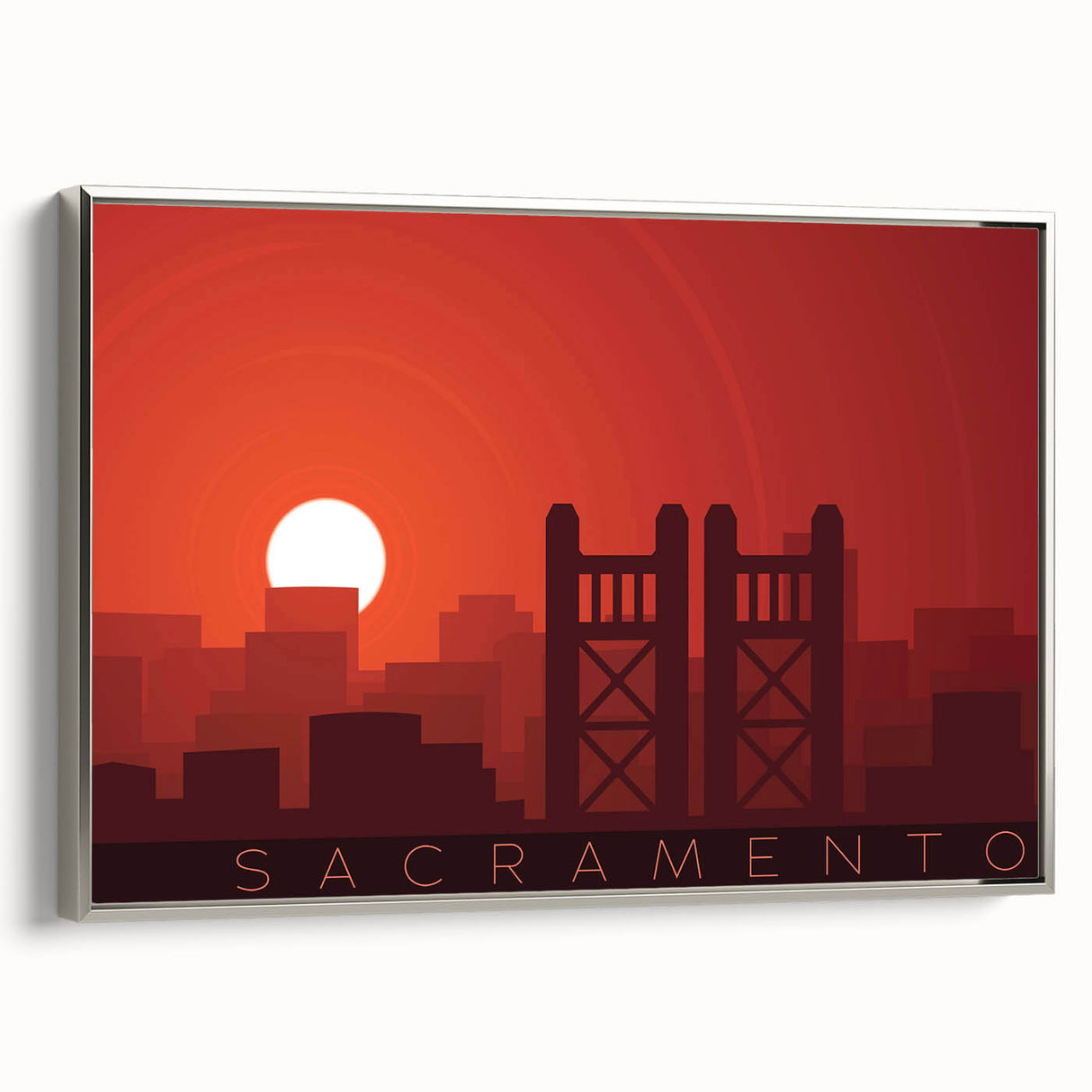Landscape art painting of Sacramento skyline on silver-framed canvas, featuring colorful art in a vintage poster style.