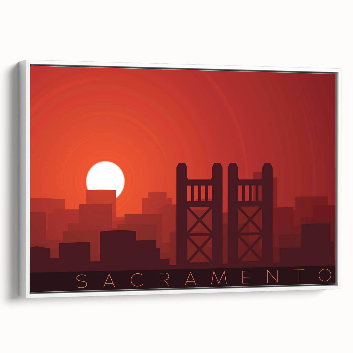Vintage poster art of Sacramento skyline in colorful hues on a white-framed canvas, ideal for living room decor.