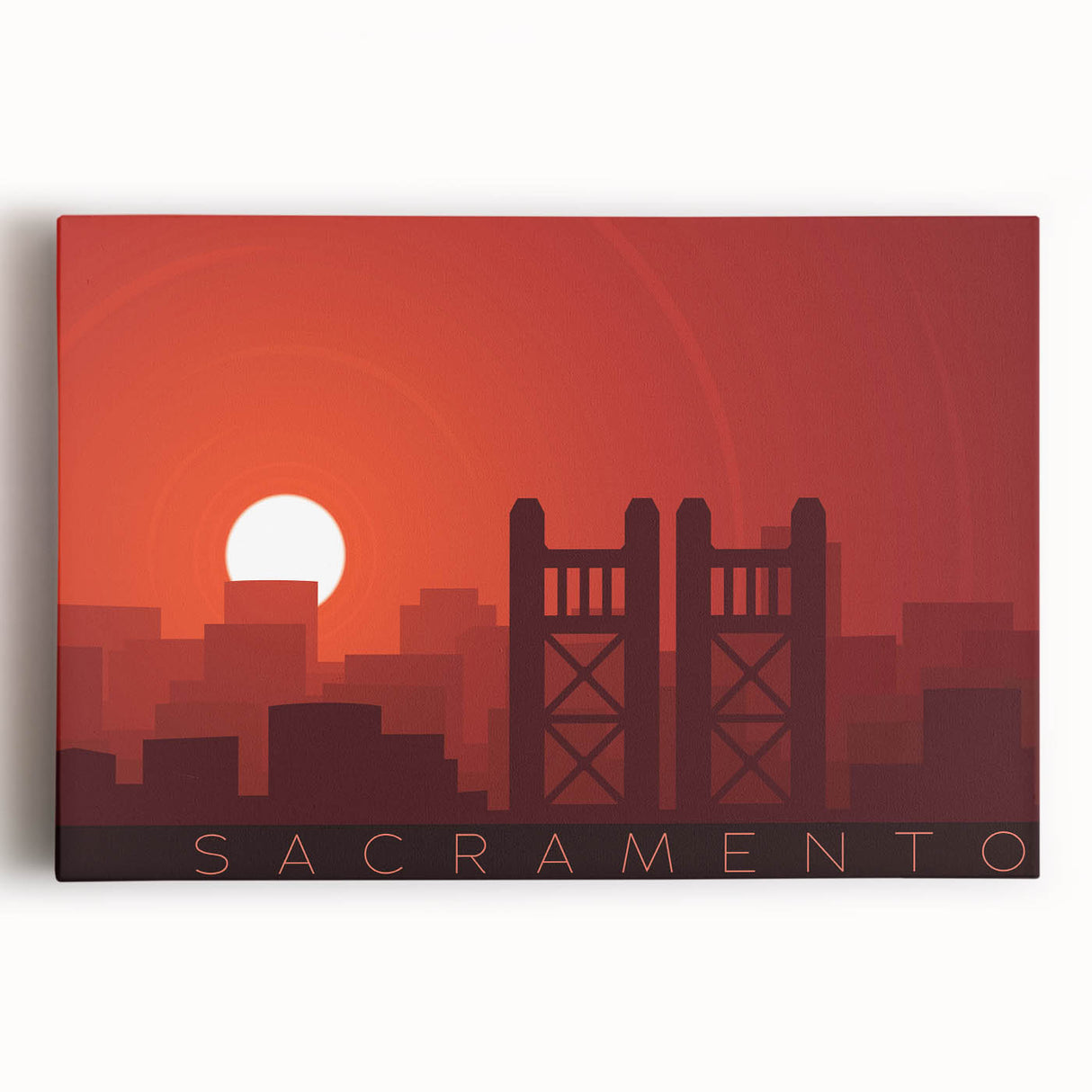 Black and white photograph of Sacramento skyline on large stretched canvas, suitable for kitchen wall art.