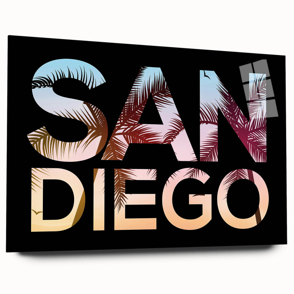 Large abstract wall art of San Diego skyline in muted blue tones on acrylic glass, ideal for bedroom or dining room decor.