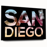 Large abstract wall art of San Diego skyline in muted blue tones on acrylic glass, ideal for bedroom or dining room decor.