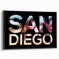 Black and white framed canvas featuring a vintage-style San Diego landscape, ideal for bedroom wall art.