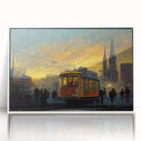 Acrylic print of San Francisco skyline in art deco style with muted blue and gray tones, suitable for modern nursery decor.