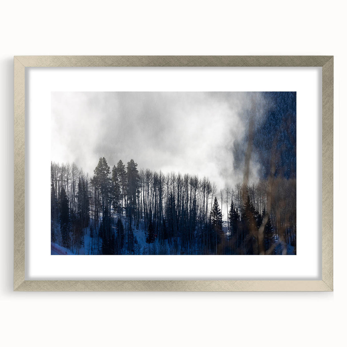Textured art print depicting abstract Vail, Colorado scenery in muted earth tones on a framed silver mat.