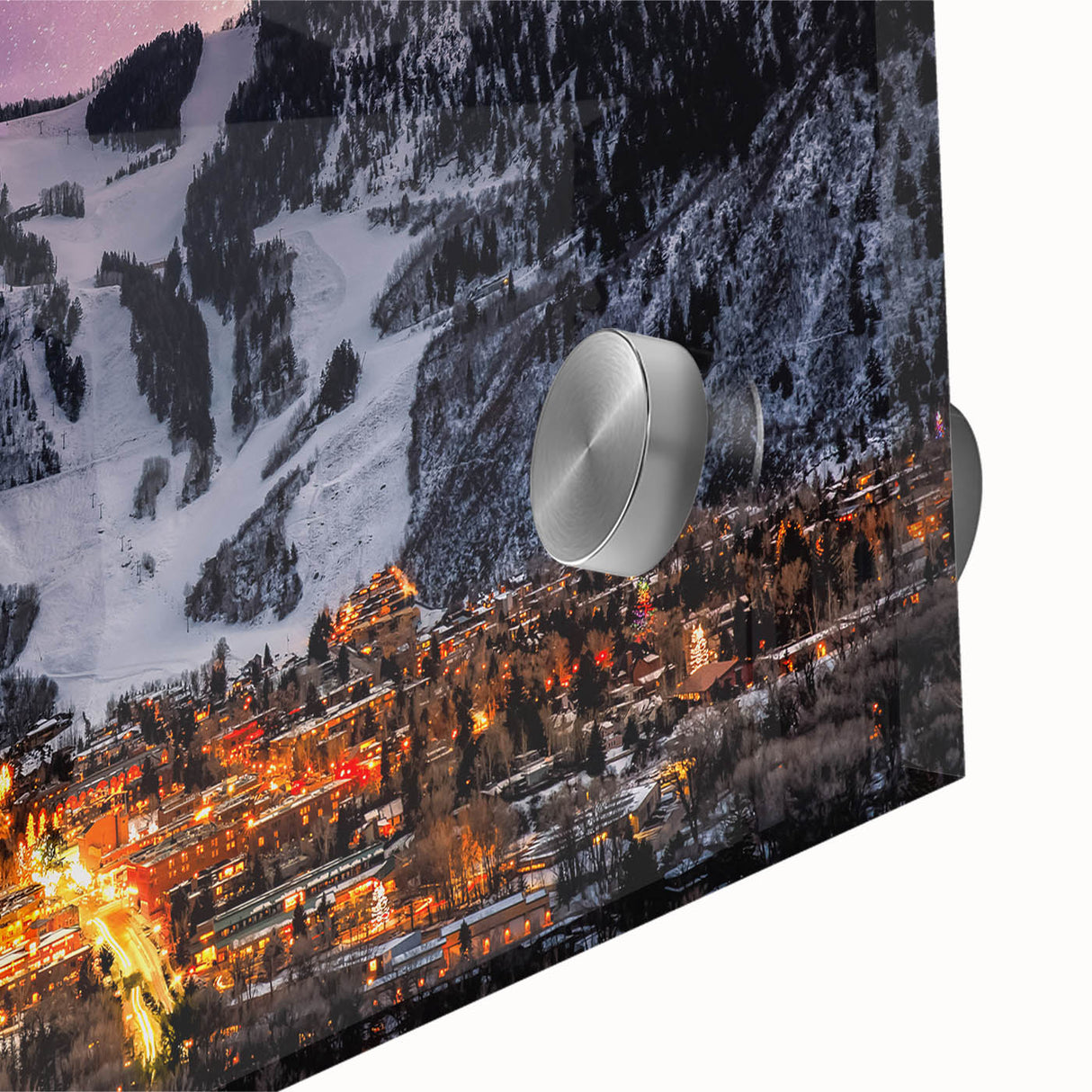 Acrylic print of a large abstract depiction of Aspen, Colorado in mid-century modernist style with muted earth tones.