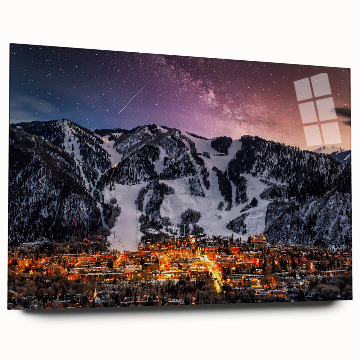 Large abstract depiction of Aspen, Colorado in muted earth tones on acrylic glass, ideal for bedroom or dining room art.