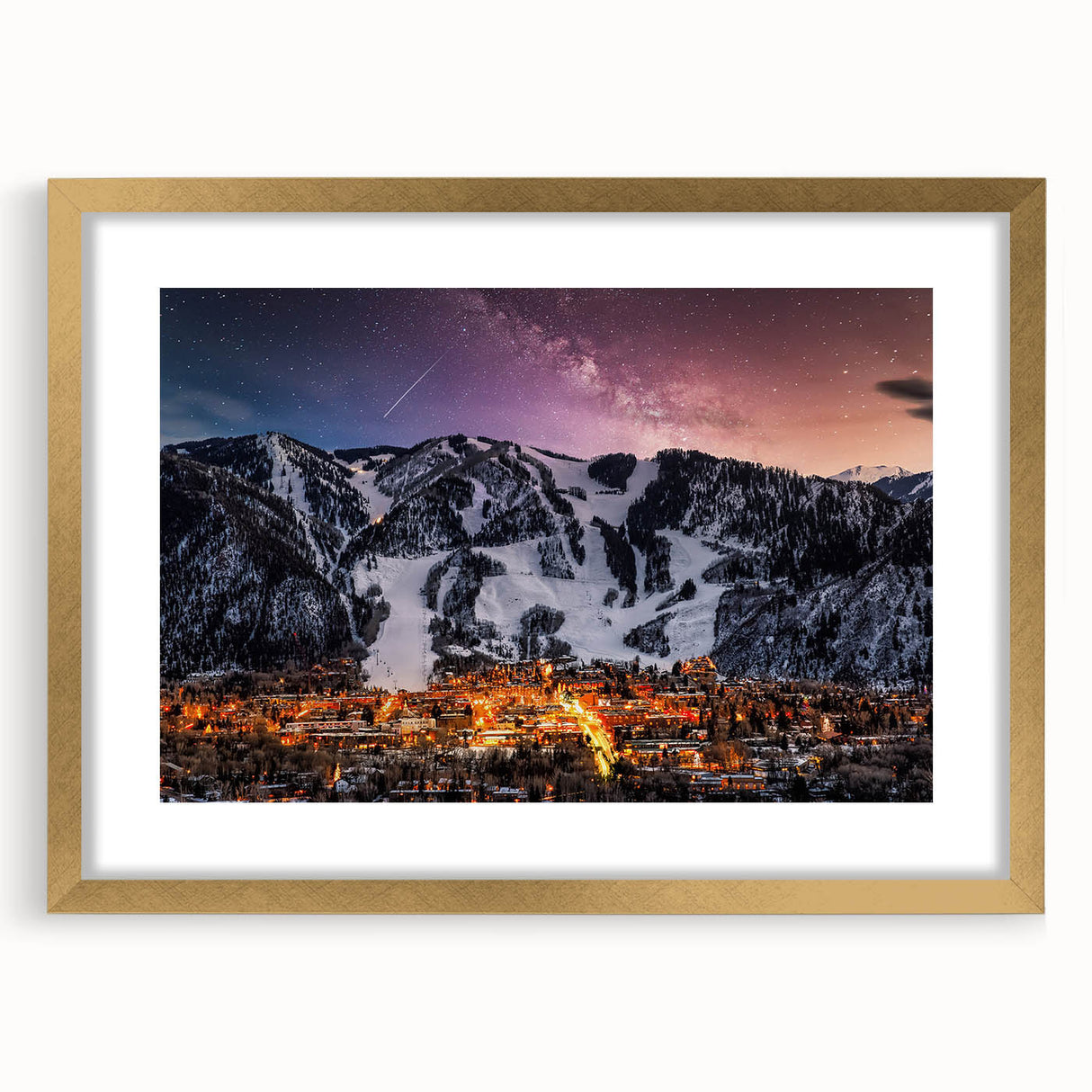 Extra large abstract art print of Aspen, Colorado scenery in textured style with gold frame and mat.