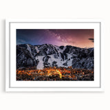 Abstract art print of Aspen trees in muted earth tones on a white framed canvas, suitable for dining room decor.