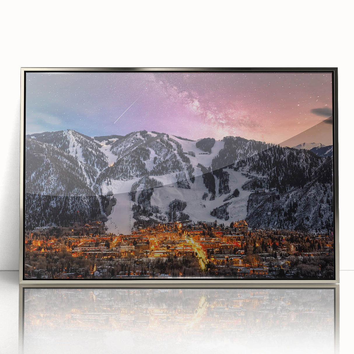Mid-century modernist art depicting Aspen, Colorado scenery in muted earth tones on a framed acrylic print.
