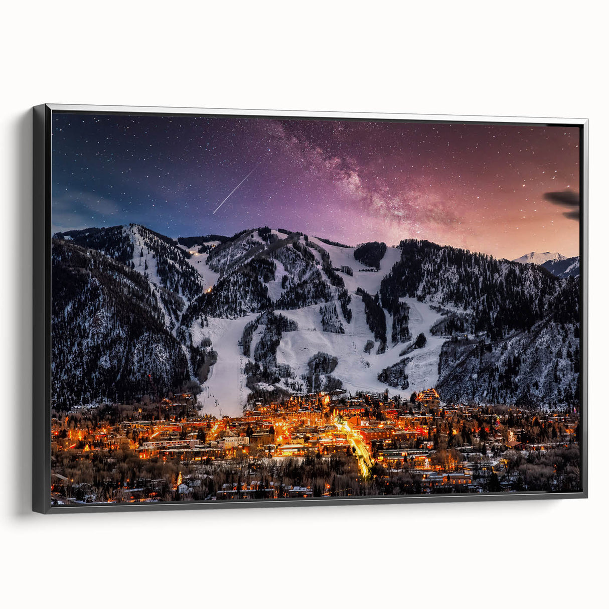 Black and white landscape art painting of Aspen, Colorado on framed canvas, suitable for bedroom wall art.