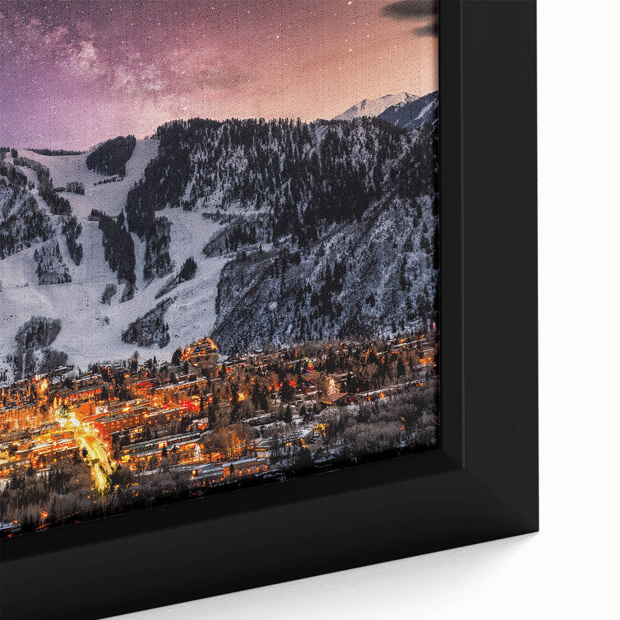 Close-up of a black wall art canvas depicting Aspen, Colorado scenery in vibrant colors, ideal for living room decor.