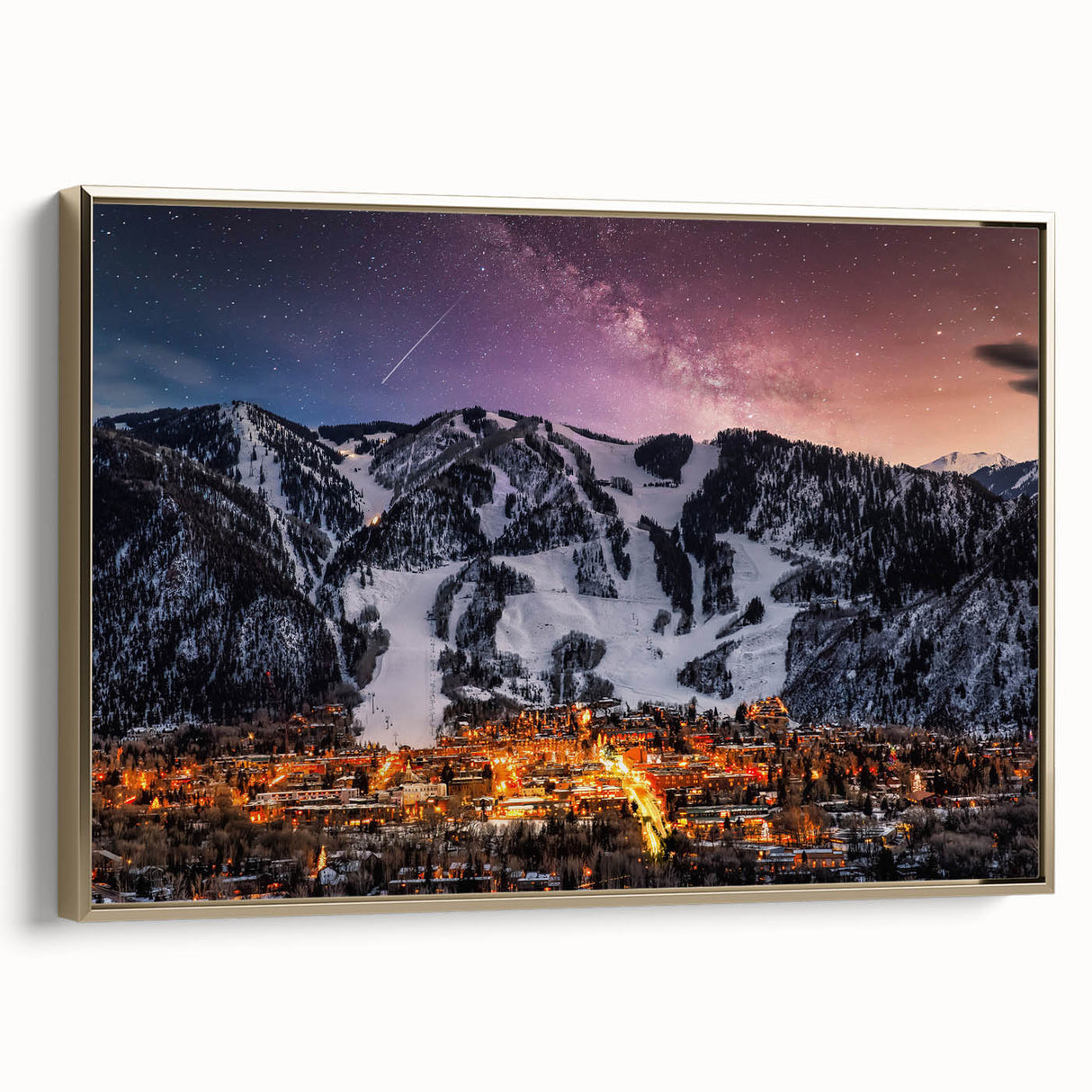 Framed canvas depicting a vintage-style landscape of Aspen, Colorado with muted gold and black tones.