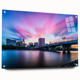 Large abstract wall art depicting a serene Connecticut landscape on acrylic glass, suited for bedroom or dining room decor.