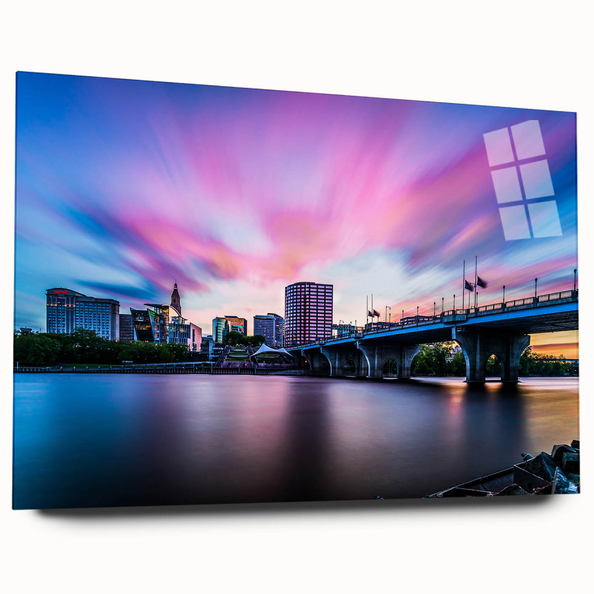 Large abstract wall art print of Connecticut scenery in muted gray and blue tones on acrylic glass.