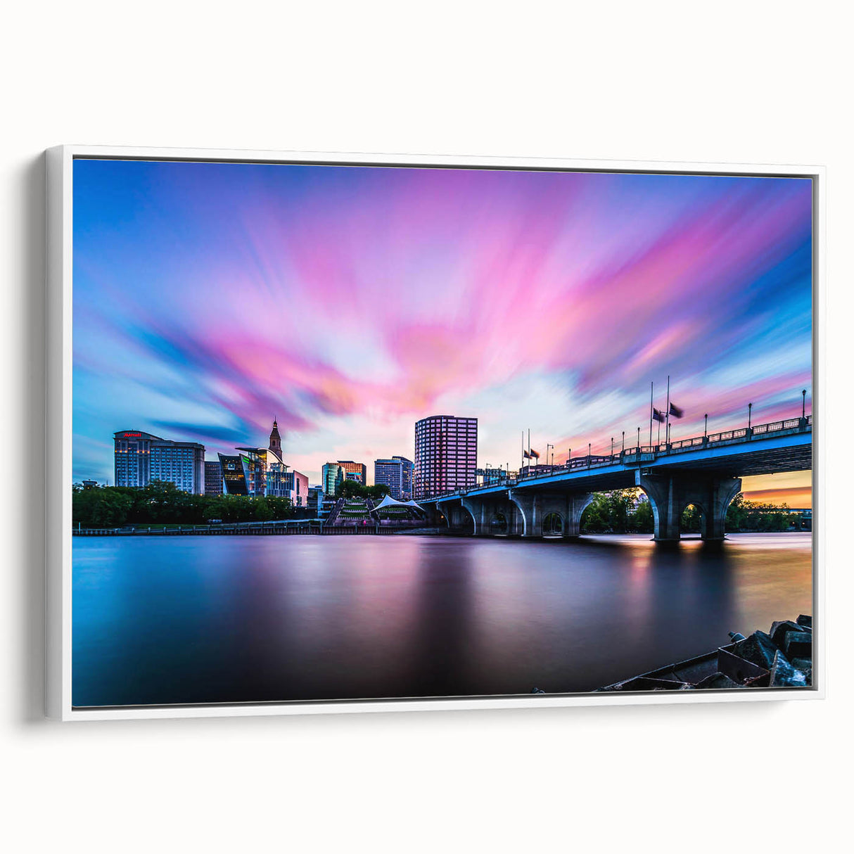 Vintage poster art of Connecticut scenery on extra large framed canvas, featuring colorful art against a black background.