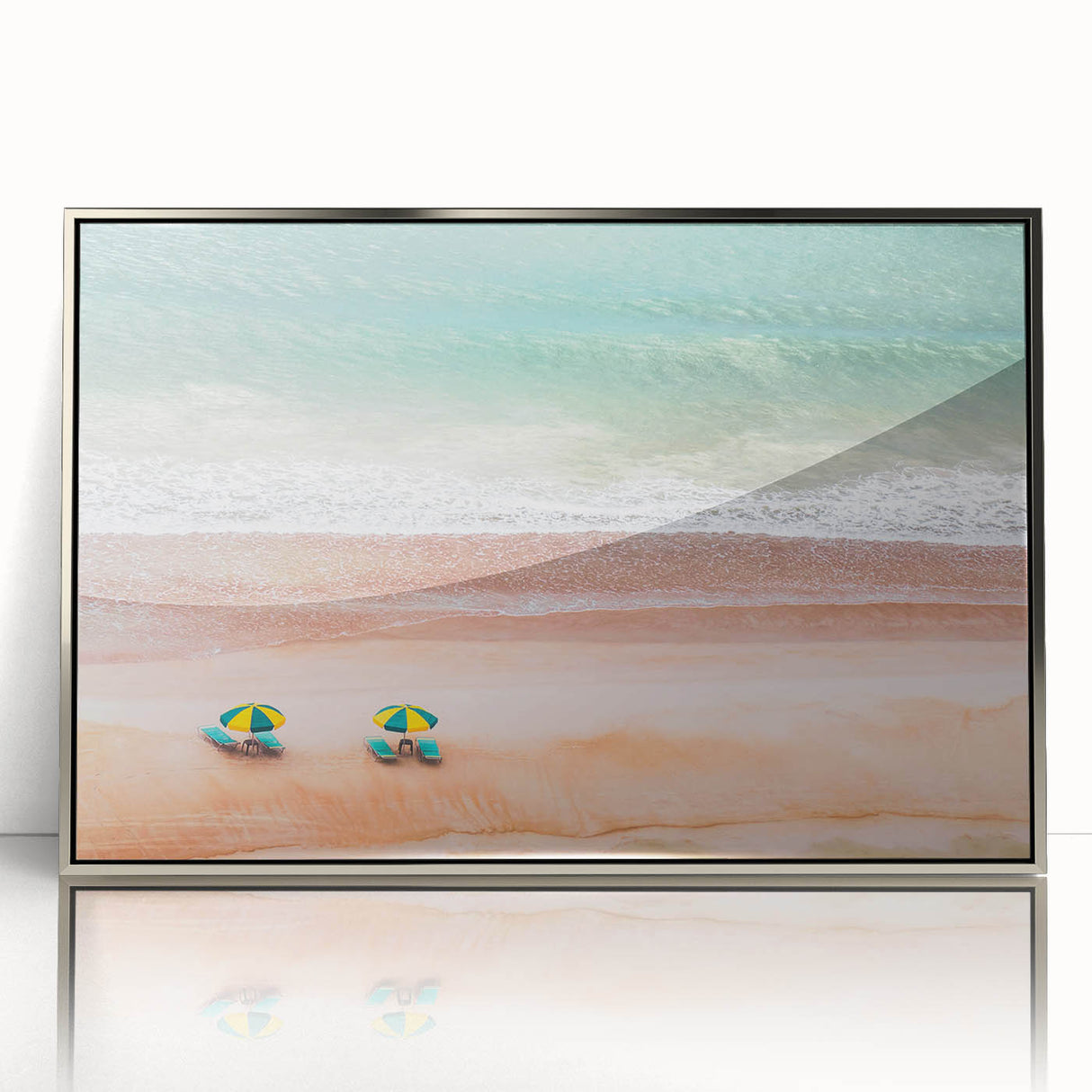 Mid-century modernist art depicting Daytona scenery in muted colors on a silver-framed acrylic print.