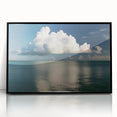 Large abstract wall art depicting the Florida Keys in muted blue and green tones, framed in black acrylic.