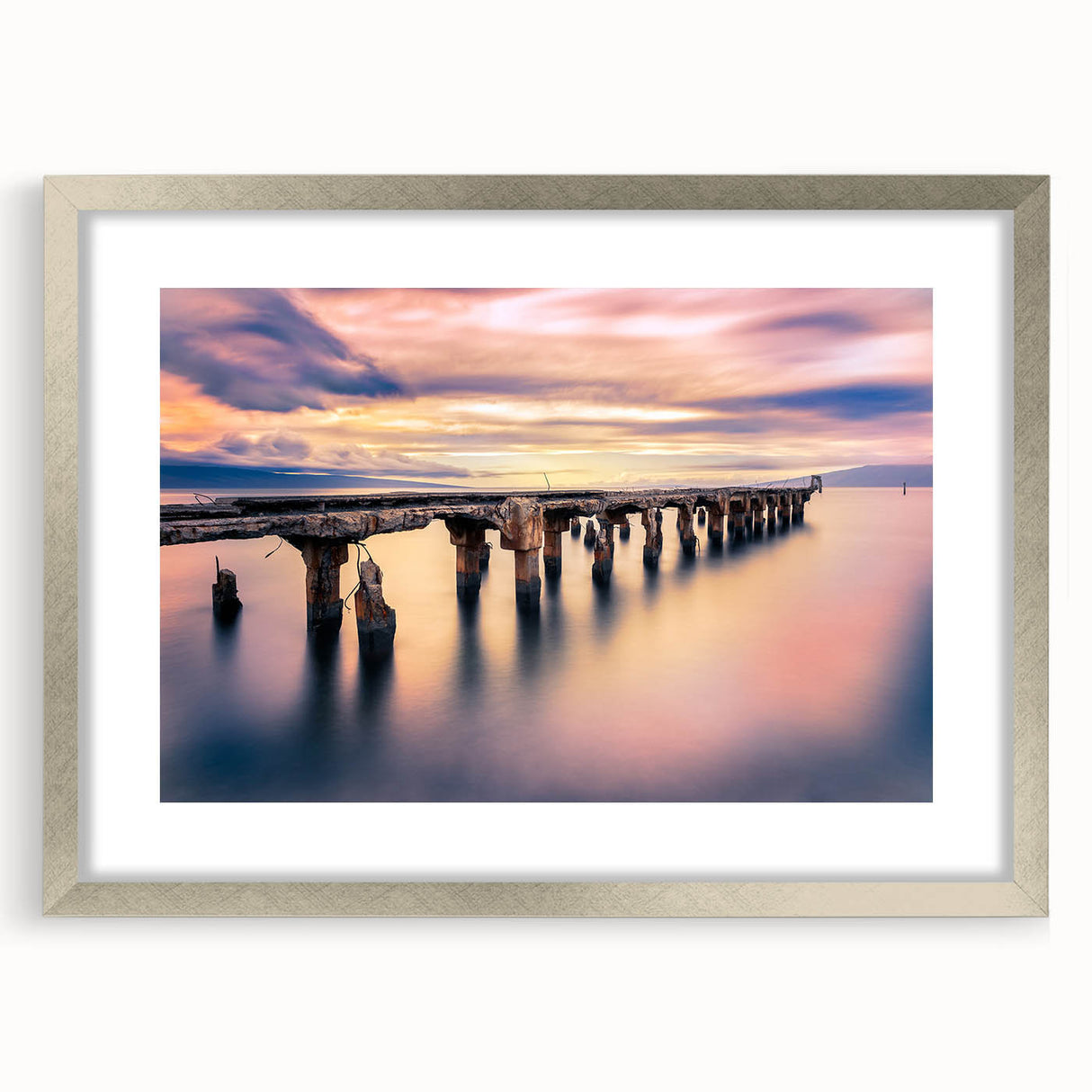 Textured art print of abstract Hawaiian scenery in muted earth tones on a silver-framed mat, suitable for bedroom decor.