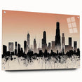 Large abstract depiction of the Chicago skyline in muted blues and grays on acrylic glass.