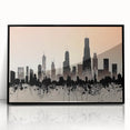 Large abstract wall art depicting Chicago skyline in muted black and gray on framed acrylic.