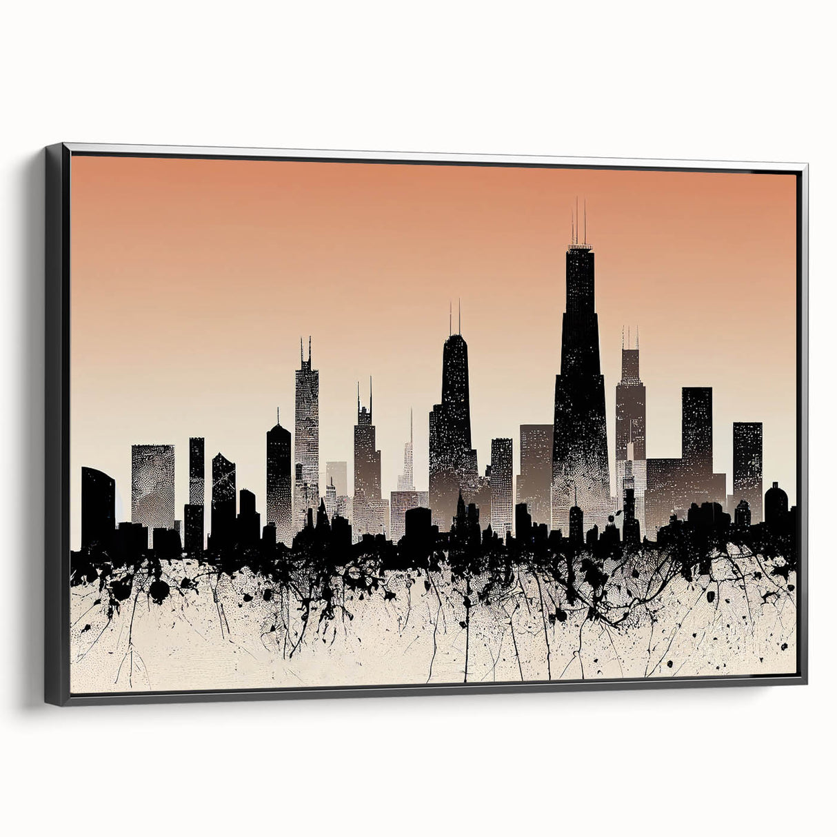 Black and white framed canvas of Chicago skyline, ideal for bedroom wall art.
