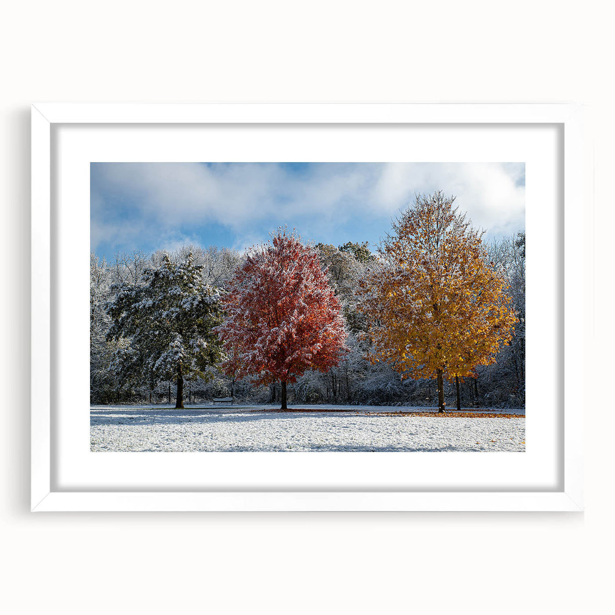 Abstract art print of an Iowa landscape in muted earth tones, framed in white, suited for dining room decor.