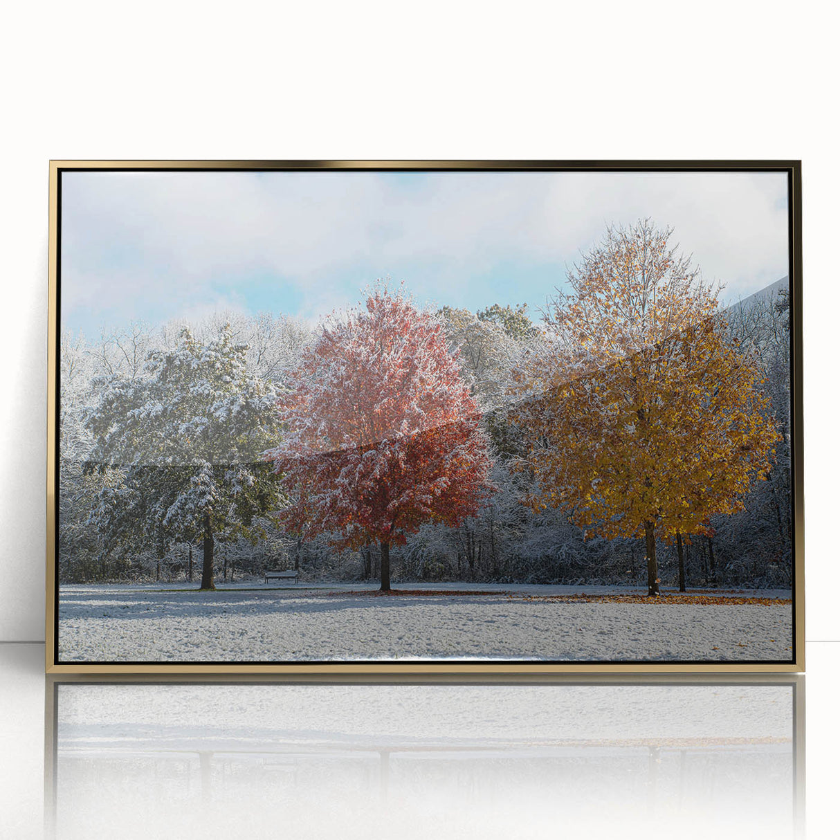 Mid-century modernist Iowa scenery on large acrylic print with gold frame, suitable for modern art wall decor.