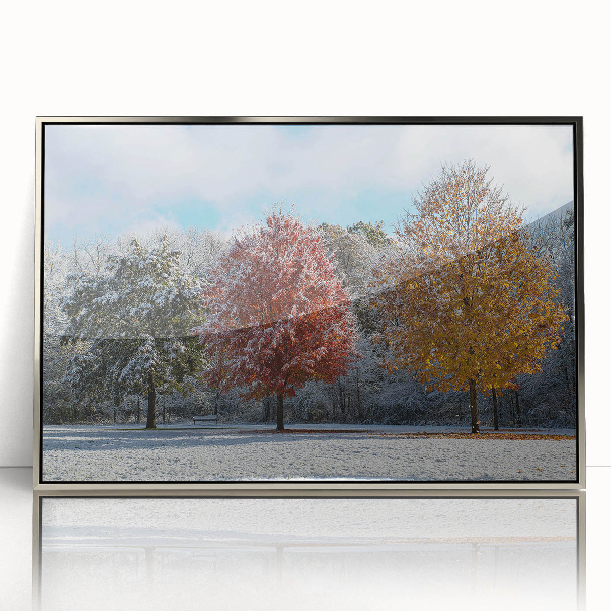Mid-century modernist Iowa landscape in muted greens and blues on a framed acrylic, ideal for nursery wall art.