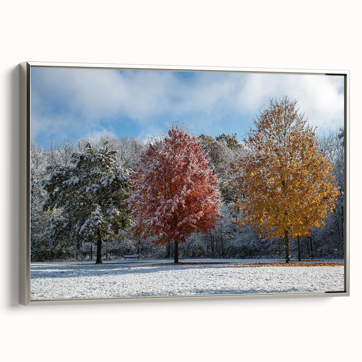 Landscape art painting of Iowa scenery on a silver-framed canvas, featuring colorful fields under a black sky.
