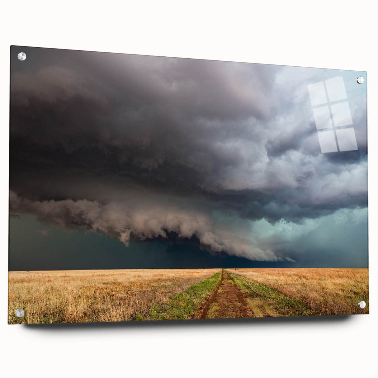 Acrylic glass print of a large abstract depiction of Kansas scenery in neutral and earth tones.