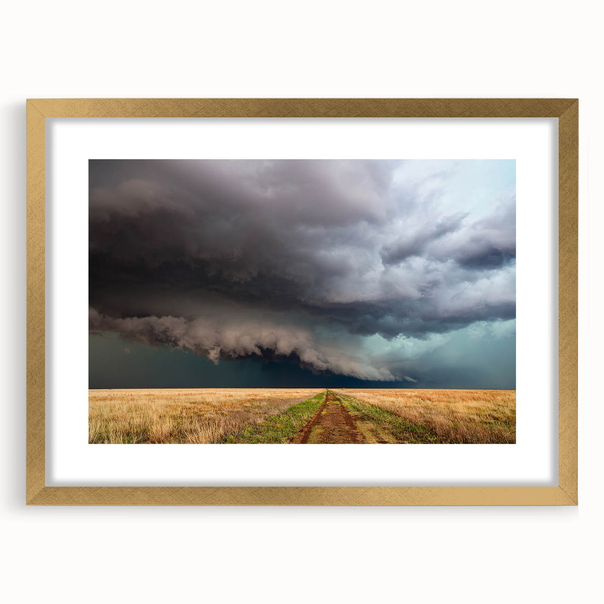 Extra large textured abstract art print depicting abstract Kansas scenery in gold frame, ideal for living room decor.
