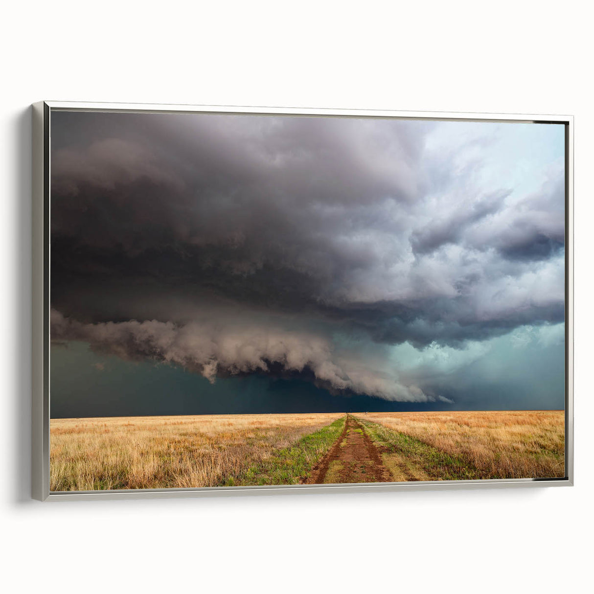 Framed canvas featuring a vintage-style landscape art painting of Kansas, with vibrant colorful hues and black accents.