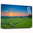 Large abstract wall art depicting Kentucky scenery in vibrant greens and blues on acrylic glass.