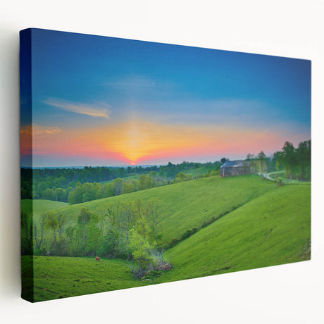Scenic Kentucky landscape on stretched canvas, featuring green rolling hills and blue skies, suitable for kitchen wall art.