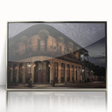 Mid-century modernist art of New Orleans scenery in silver-framed acrylic, featuring soft pastel tones.