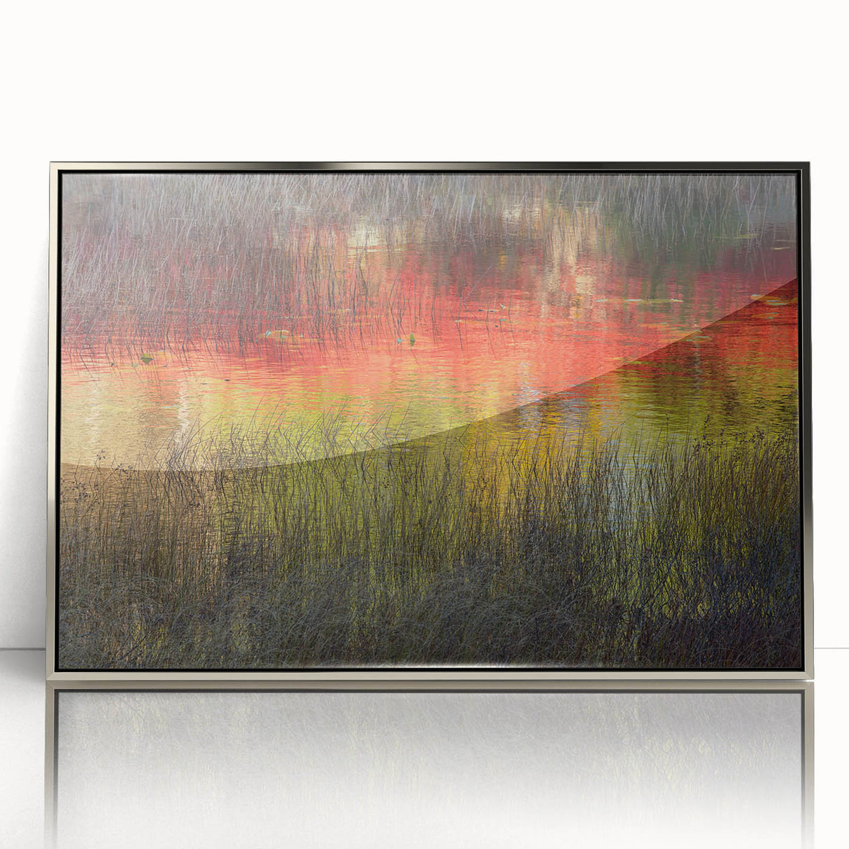 Mid-century modernist art depicting Acadia, Maine, in muted earth tones on a silver-framed acrylic print.