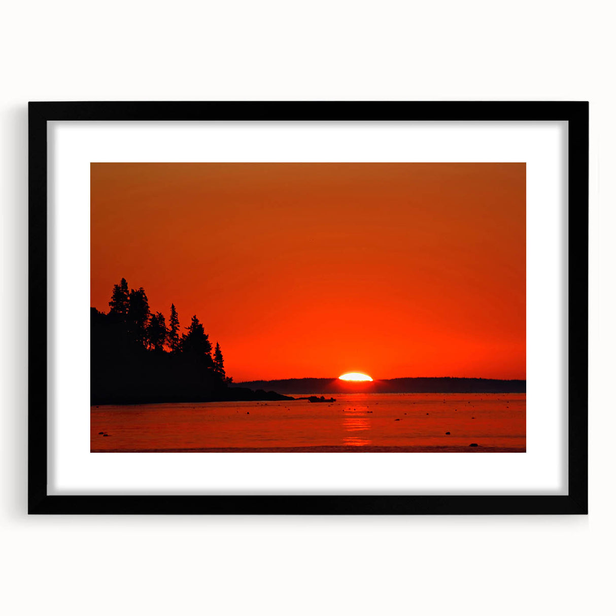 Extra large abstract art print of a colorful Maine landscape in black frame, ideal for living room decor.