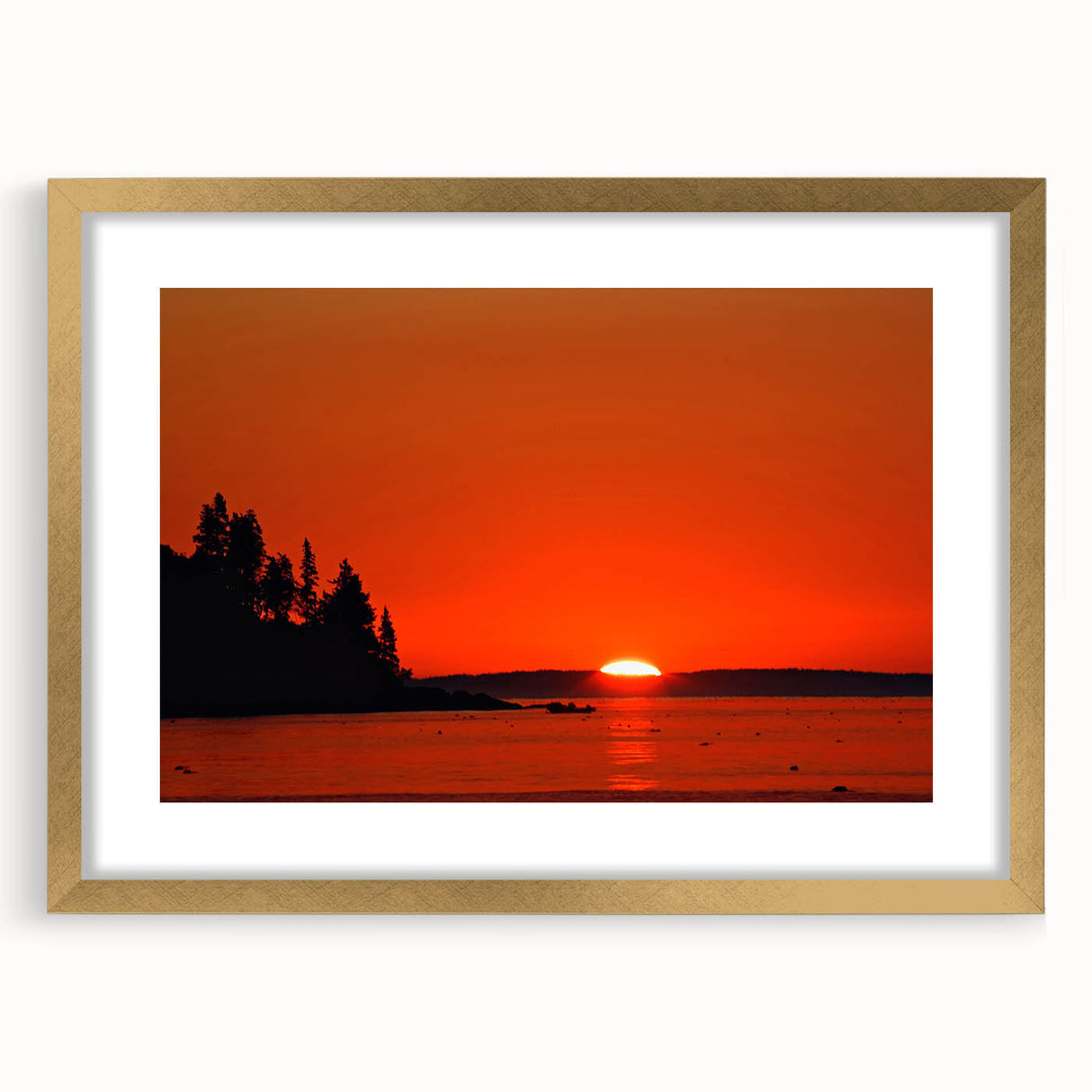 Extra large abstract art print depicting a textured Maine landscape in muted earth tones, framed in gold.