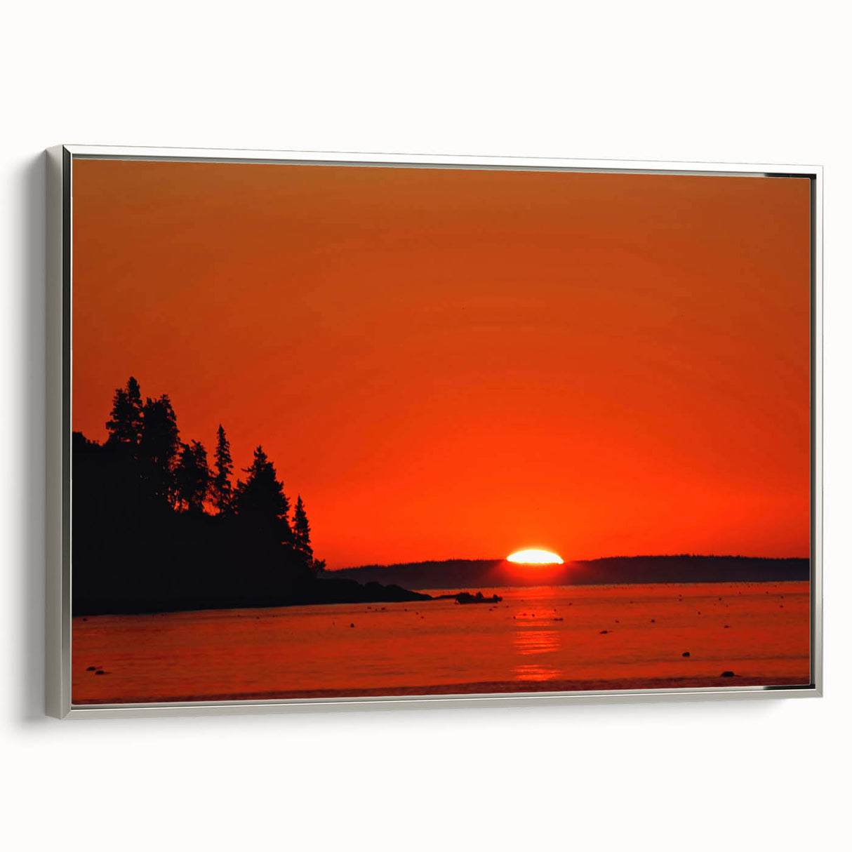 Framed canvas of a Maine landscape painting featuring colorful art in vintage poster style, ideal for living room decor.