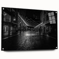 Acrylic print of Detroit skyline in muted gray and blue tones, suitable for modern bedroom or dining room decor.